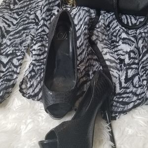 Black faux snakeskin peep toe heels